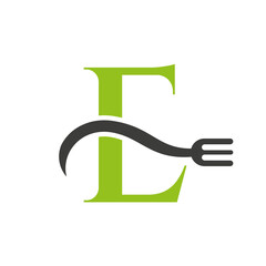 Letter E Restaurant Logo Concept With Fork Vector Template