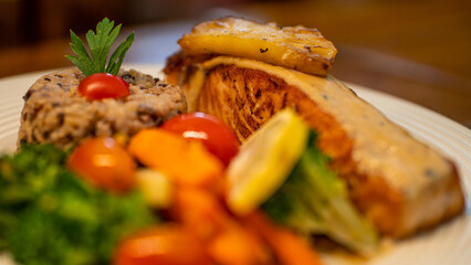 salmon with pineapple, rice and vegetables