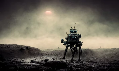 Poster android robot on dark  inhospitable alien planet, digital art © Coka
