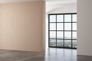 Obraz premium Minimalist empty room with beige and white backgrounds, concrete floor, sun ray, cozy home, indoor plant. Copy space area for office and living rooms. 3d rendering