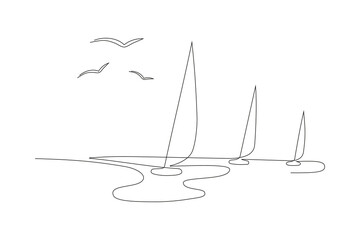 Continuous line drawing of three sailboats sailing on the sea. Line art vector illustration of sailing yachts.
