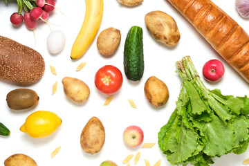 Food, fruits and vegetables on a white background.