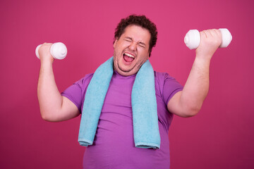 Fitness and healthy lifestyle. Funny fat man and sport.	