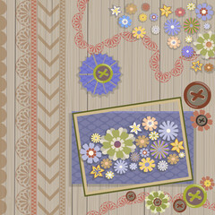 Collage of scrapbook elements. Simple flowers, buttons, wooden background, frame, lace, polka dots. Vector illustration