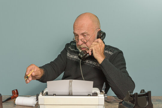 Newspaper Editor Of The Past. Work Desk, Typewriter And Phone