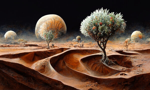 strange trees and plants on distant planet, digital art landscape background