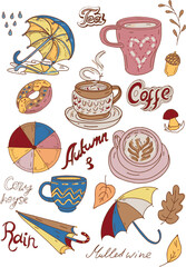 hand drawn leaves rain bright colors isolated elements on white background cute