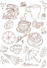 Autumn stickers umbrella cup comfort hand drawn leaves rain  isolated elements on white background cute