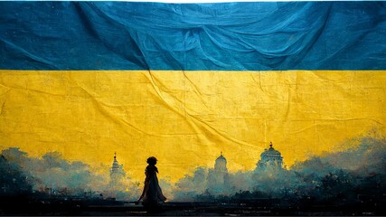 Kiev Silhouette on Ukrainian Flag Illustration