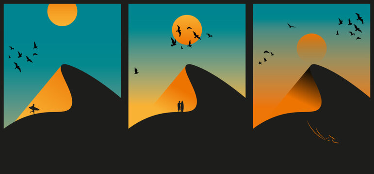 Posters de surfero que sube a la duna o a la ola con la tabla  y la surfea con una bonita puesta de sol a sus espaldas.