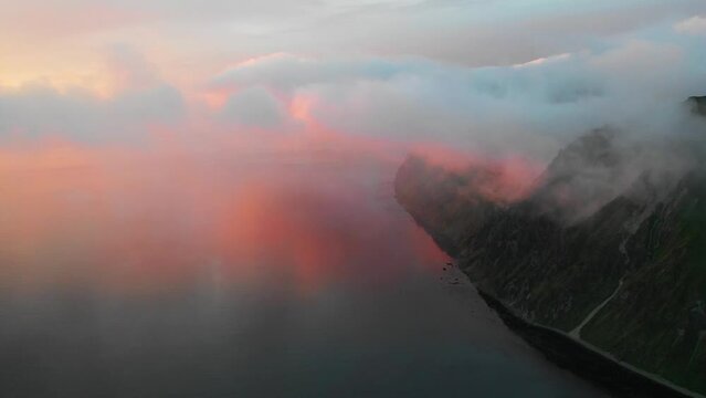 Aerial view of the beautiful coastline along the bay at sunset, Unalaska Island, Alaska, United States.