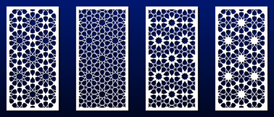 Laser cut panels, islamic arabian design pattern, geometric ornament. Home decor, wall art, papercut background, die stencil, decorative tile screen. Vector illustration