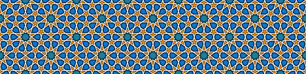 Islamic traditional pattern. Arabic design, 3d geometric ornament, seamless repeat pattern, grirh style. Blue and yellow mosaic tile, abstract background. Vector illustration