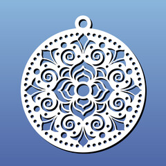 Laser cut mandala coaster, pendant, wall art. CNC cutting template, stencil for carving or fretwork. Paper art, vinyl, metal. Abstract geometric circular ornament. Vector illustration