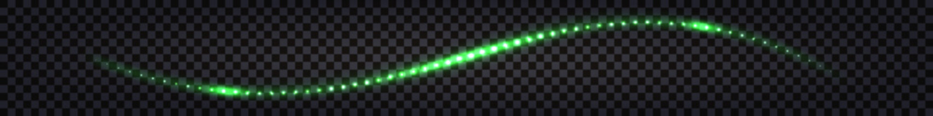 Light glowing wave swirl. Green neon wavy trail, laser beam. Dynamic flying shiny sparks, electric thunder bolt. Isolated on transparent background, vector illustration