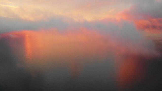 Aerial view of Unalaska Bay at sunset, Unalaska Island, Alaska, United States.