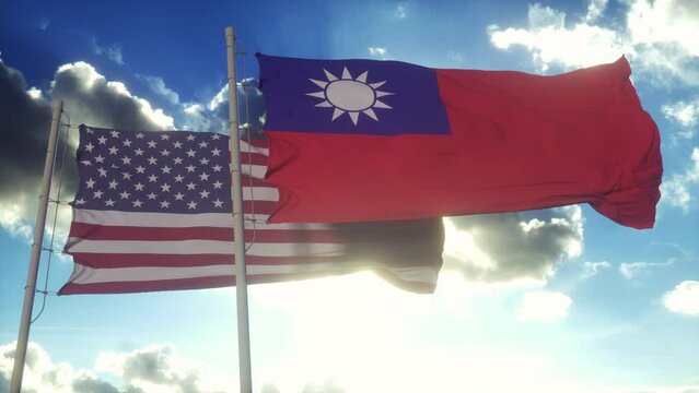 Taiwan and USA flag on flagpole. Taiwan and United States waving flag in wind. Taiwan and United States diplomatic concept