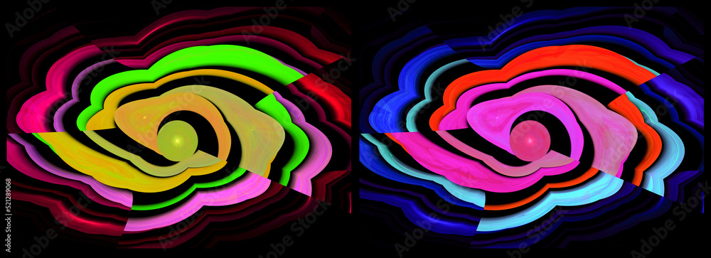 Aufkleber multi-colored waves diverge from illuminated circles on a black background. set of abstract fractal 