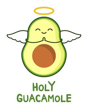 Naklejki Holy Guacamole. Avocado Pun. Cute avocado with angel wings and Holy Guacamole text. Healthy food concept. Adorable cartoon character praying. T shirt design element. Vector illustration, flat clip art