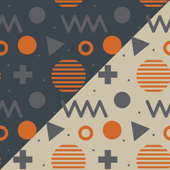 Geometric seamless pattern retro memphis style on two colored backgrounds. Modern design for banner, web, cover, billboard, brochure, social media. Vector illustration.