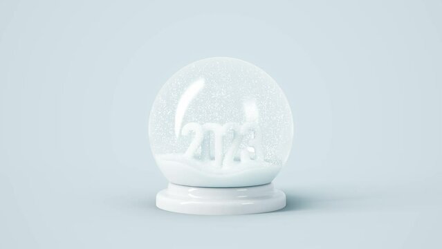 Glass snow ball with 2023 and falling snow inside. Happy New Year 3d render background loopable