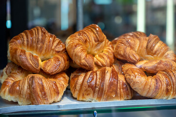 Butter croissants on display in artisanal bakery in San Sebastian city, Basque Country, Spain