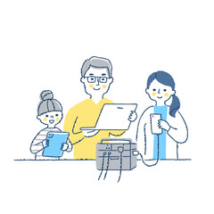 家庭用バッテリーでデバイスを充電する家族