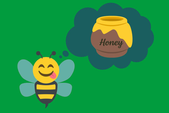 bee with face savouring delicious food and thought bubble with honey pot,on green background copy space,emoji vector illustration