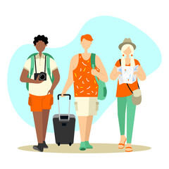 Vector illustration of beautiful tourists. Cartoon scene with man and girl who came on vacation or an excursion to the city.