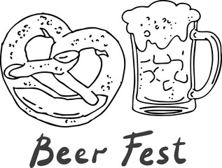 Beer and brezel for Octoberfest decoration, invitation, celebration, print, poster, menu. Food and drink. Autumn festival from Germany, Munich. Hand drawn illustration. Cartoon style vector drawing.