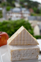 French squared pont l'eveque cow cheese from Calvados department served with apple and view on old houses of Etretat, Normandy, France