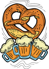 Beer and brezel for Octoberfest decoration, invitation, celebration, print, poster, menu. Food and drink. Autumn festival from Germany, Munich. Hand drawn illustration. Cartoon style vector drawing.