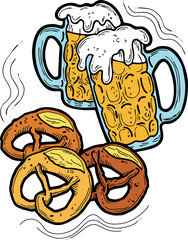 Beer and brezel for Octoberfest decoration, invitation, celebration, print, poster, menu. Food and drink. Autumn festival from Germany, Munich. Hand drawn illustration. Cartoon style vector drawing.