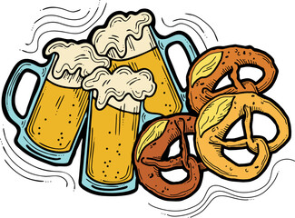 Beer and brezel for Octoberfest decoration, invitation, celebration, print, poster, menu. Food and drink. Autumn festival from Germany, Munich. Hand drawn illustration. Cartoon style vector drawing.