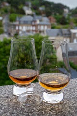 Two glasses of scotch whiskey with view on old houses on background, Edinburgh whisky tasting tour, Scotland