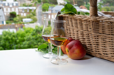 Tasting of strong alcoholic drink calvados made from apples in Normandy, Calvados region, France
