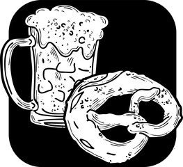 Beer and brezel for Octoberfest decoration, invitation, celebration, print, poster, menu. Food and drink. Autumn festival from Germany, Munich. Hand drawn illustration. Cartoon style vector drawing.