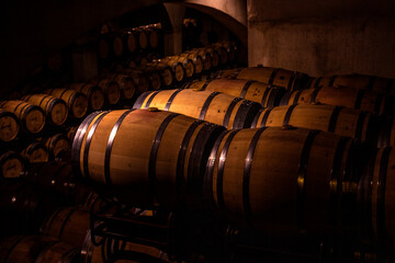 Cellar with barrels for storage of wine, Spain. Wine concept