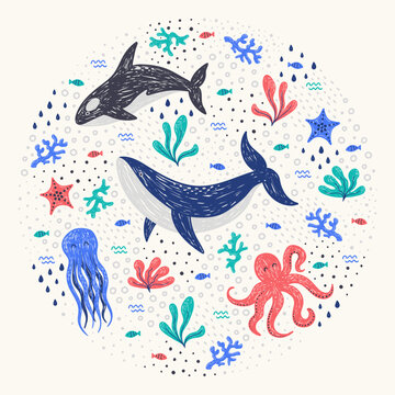Vector illustrations of cute sea animals, ocean inhabitants, kids set for girls and boys, cartoon whale, killer whale, jellyfish, starfish, coral. Set of hand drawn marine elements.