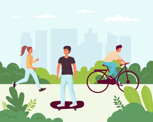Modern green ecology city with park young people resting in the park. Vector illustration