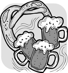 Beer and brezel for Octoberfest decoration, invitation, celebration, print, poster, menu. Food and drink. Autumn festival from Germany, Munich. Hand drawn illustration. Cartoon style vector drawing.