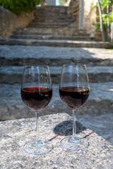 Glass of red dry wine and ruins of medieval castle of Châteauneuf-du-Pape ancient wine making village in France