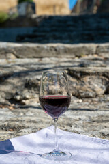 Glass of red dry wine and ruins of medieval castle of Châteauneuf-du-Pape ancient wine making village in France