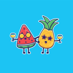 Cute cartoon fruits with cocktails in summer illustration. Isolated food vector. Flat cartoon style