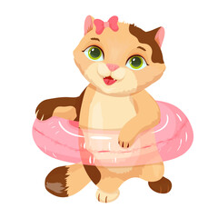 Cute cat on the beach. Inflatable swimming circle. Summer fun. Pet. Kitten. Vector illustration.