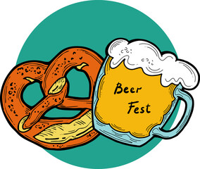 Beer and brezel for Octoberfest decoration, invitation, celebration, print, poster, menu. Food and drink. Autumn festival from Germany, Munich. Hand drawn illustration. Cartoon style vector drawing.