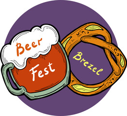 Beer and brezel for Octoberfest decoration, invitation, celebration, print, poster, menu. Food and drink. Autumn festival from Germany, Munich. Hand drawn illustration. Cartoon style vector drawing.