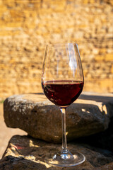 Tasting of red wine by old wine maker in Pierres Dorées region with yellow stone houses on south of Beaujolais region, France