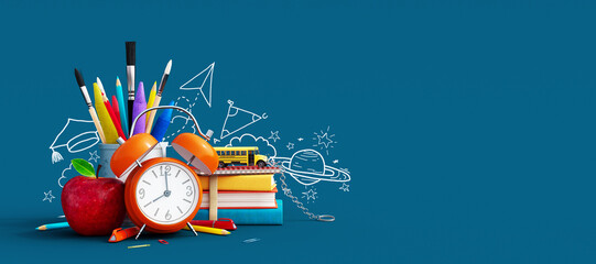 Orange alarm clock with red apple and school equipment. Back to school concept background 3D...