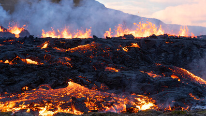 Lava flowing from an volcanic eruption in the Fagradalsfjall volcano, Southwest Iceland, on August 3rd 2022.